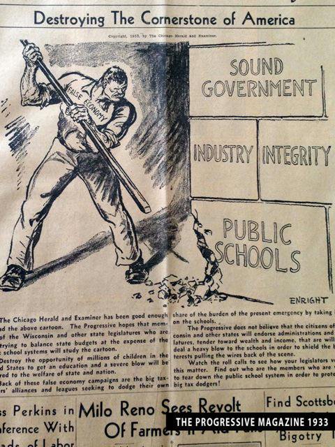 dunneteach's tweet photo. The more things change... This 1933 Chicago public ed cartoon reprinted in @theprogressive still hits home. #edchat https://t.co/xEa2HVDO3G