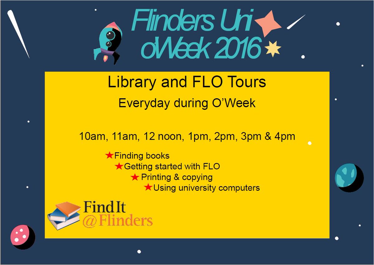 FlindersLib's tweet photo. Think you know the library? Take our tour during O'Week for newbies &amp; oldbies!  #FlindersLibrary #flindersoweek https://t.co/c13JYg3yMl