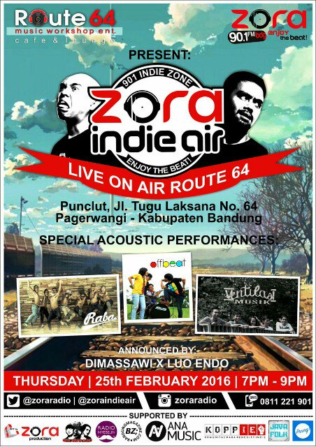 Tomorrow #ZORAINDIEAIRLIVEONAIR at Route 64, start 7 pm - 9 pm or u can hear it on 90.1 fm @zoraradio yippiww! ^^