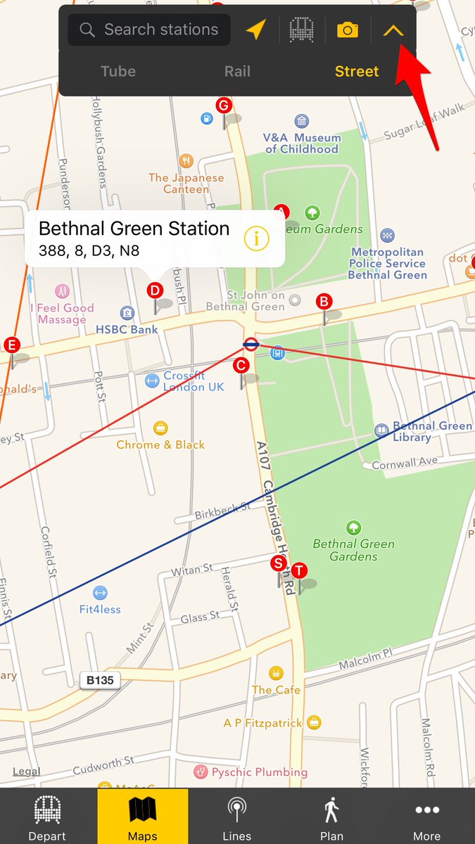ridetownapp's tweet image. You can switch between the Tube, Rail and street-level map by tapping on this arrow #RideTips