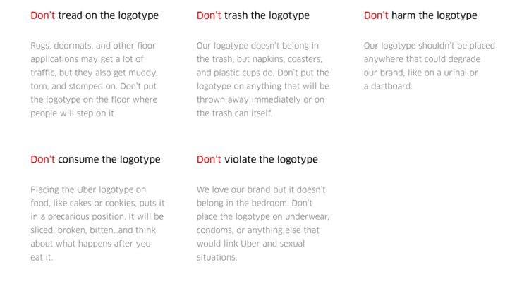 Uber's brand guidelines make entertaining reading: don't violate the logotype on condoms or doormats #uberlogo