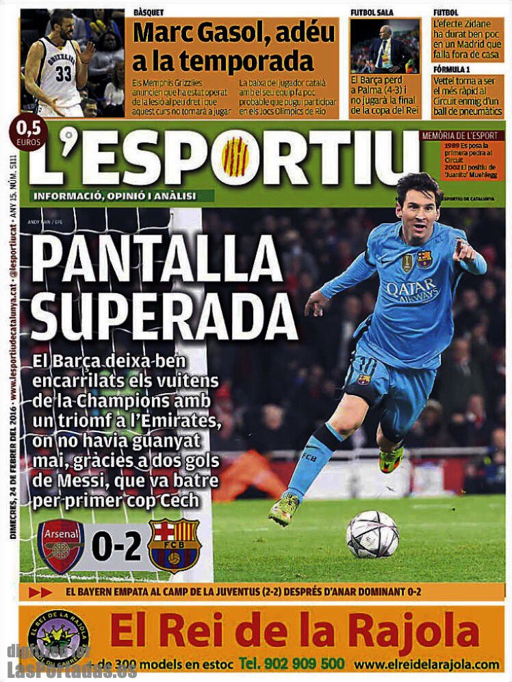 CanBenet's tweet photo. 📰Portades Esportives❗️⚽️🔻
#canbenet  #champions #arsenalbarça #pantallasuperada  #magia #messipower https://t.co/Yut35OuGCH