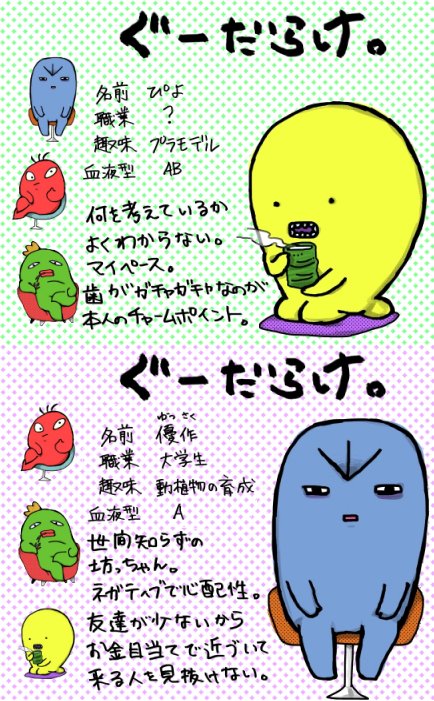 4コマ漫画。『ぐーだらけ。』毎週金曜更新(予定)でtwitter連載はじめます。たいして面白くないので暇つぶしに見てやるかという心持ちでもって見てくださると嬉しいです! 