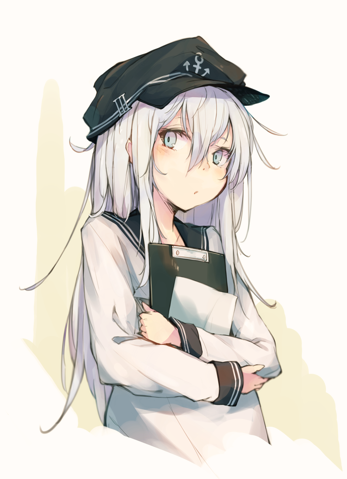 hibiki (kancolle) 1girl solo long hair hat white hair school uniform blue eyes  illustration images