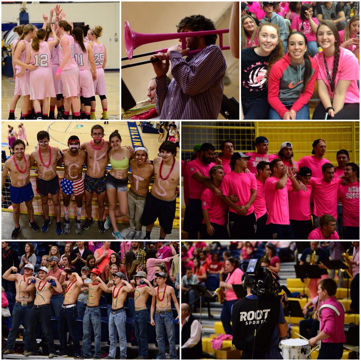 MSUBsports's tweet photo. We had an absolute blast during @ROOTSPORTS_NW #GNACWBB game! #ThinkPink #WHEREiROOT #JacketsforJackets @MSUBWBB https://t.co/Eorr8cbQIQ