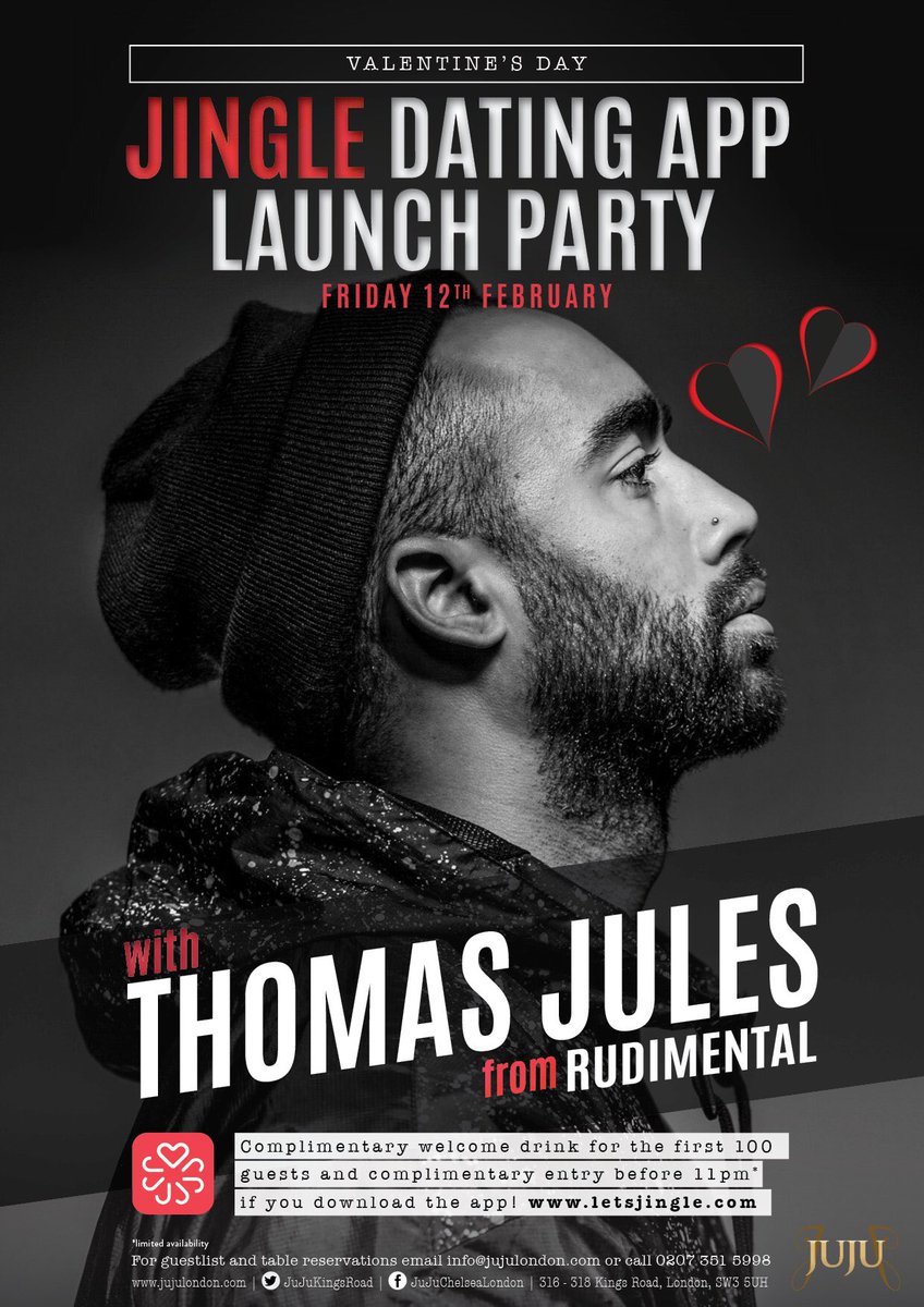 jingletheapp's tweet photo. Join us tonight at @JuJuKingsRoad for our Launch Party! DJ: @ThomasJules81 from Rudimental! It's going to be fab! https://t.co/2shGYuaQTw