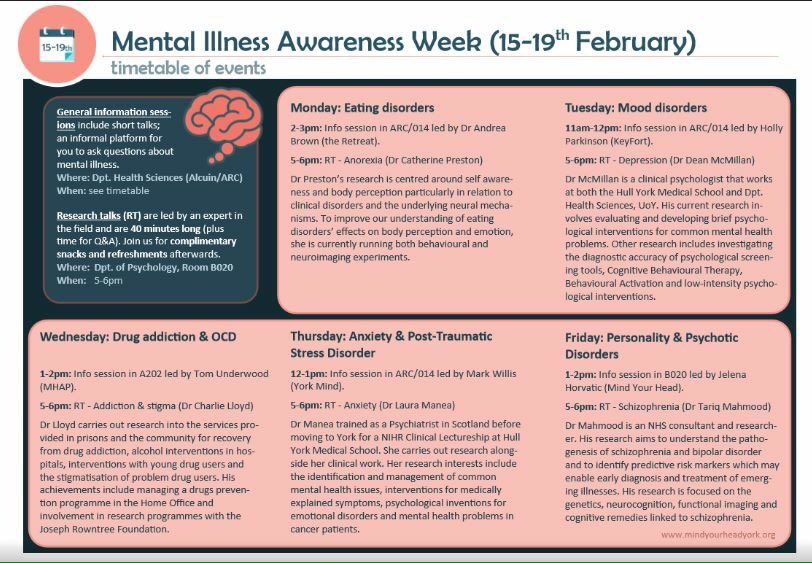 EleanorJCole's tweet photo. Talks on Mental Illness at @UniOfYork next week, everyone welcome! @MindyourheadYrk  @TheYorkMind #itaffectsme https://t.co/wIu2KxgvJW