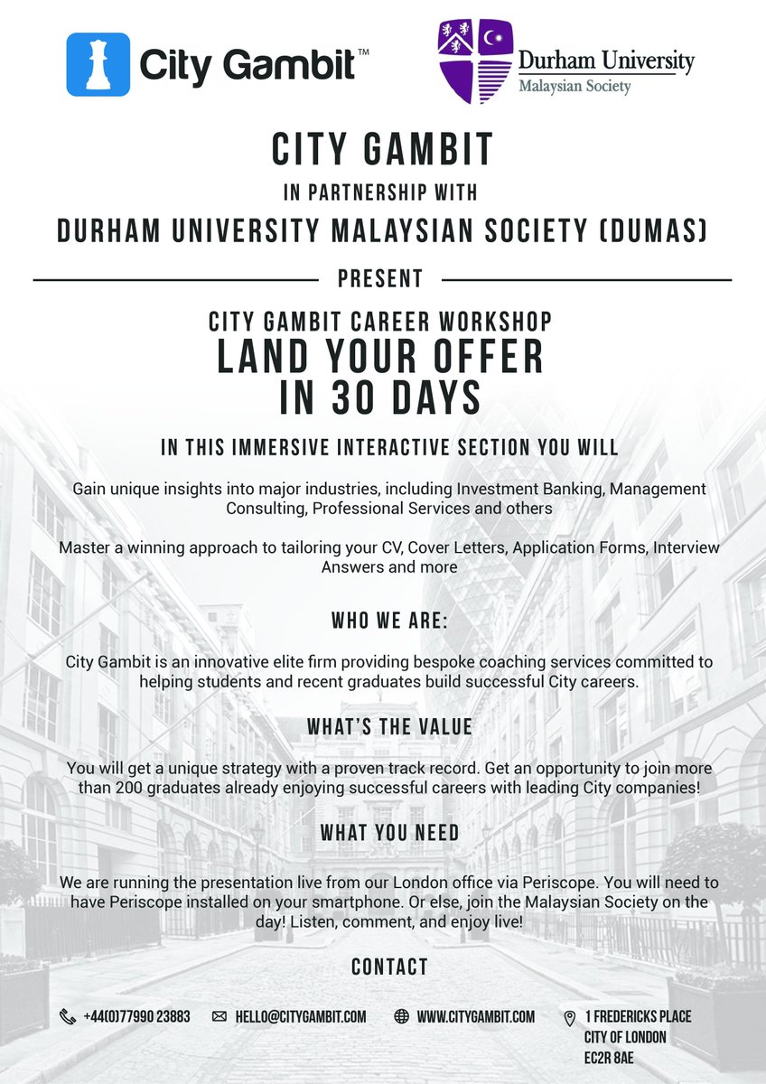 city_gambit's tweet image. Are you a student at @durham_uni? Join our free live-stream coaching session &amp;amp; secure a top career!
#DUmakeithappen