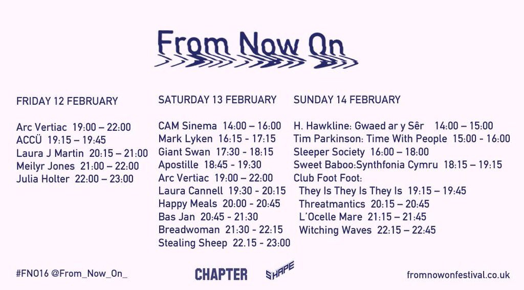 From_Now_On_'s tweet photo. #FNO16 stage times. N.b Meilyr Jones having final open studio from 6pm - 7pm. https://t.co/nPjwv3vJ8O