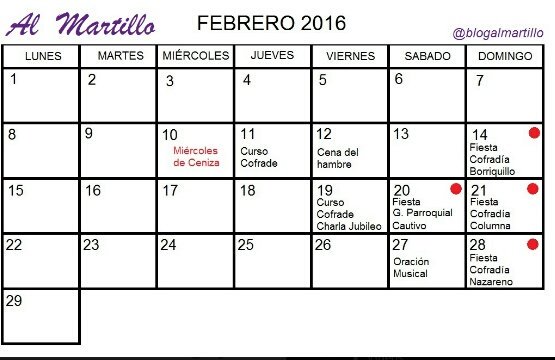 Agenda Cuaresmal de 2016 para este mes de Febrero