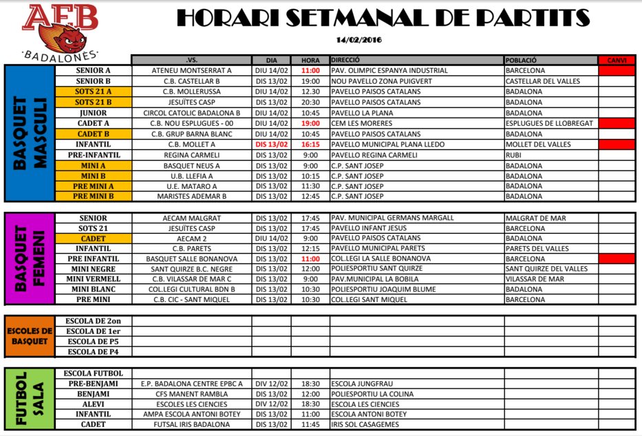 AEBDimonis's tweet photo. Bon dia!! Us deixem la relació de partits d'aquest cap de setmana. Força #Dimonis #bàsquetAEB #futsalAEB https://t.co/CvSwclMCsa