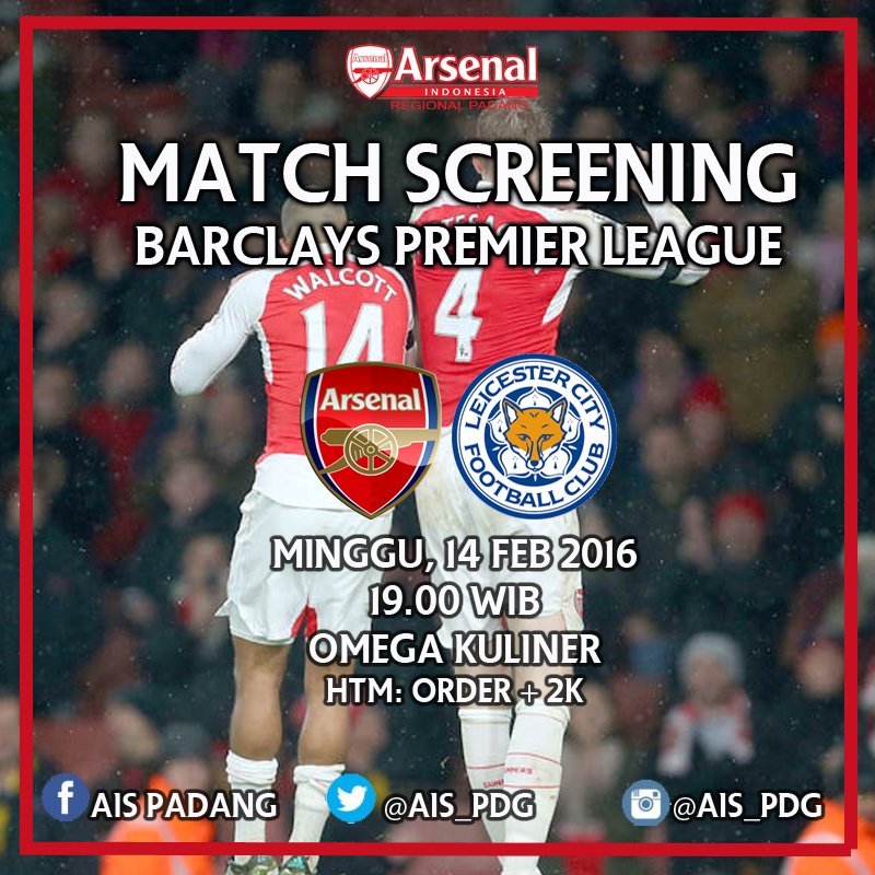 AIS_PDG's tweet photo. #MatchScreeningAISPDG [BPL]

Arsenal v Leicester CIty
Malam ini!
Di Omega Kuliner

Be there Gooners! @ID_ARSENAL https://t.co/e9levSmiEg