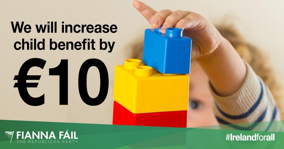 In addition to our €2000 childcare tax credit, we will increase child benefit by €10 a month. #Irelandforall #ge16