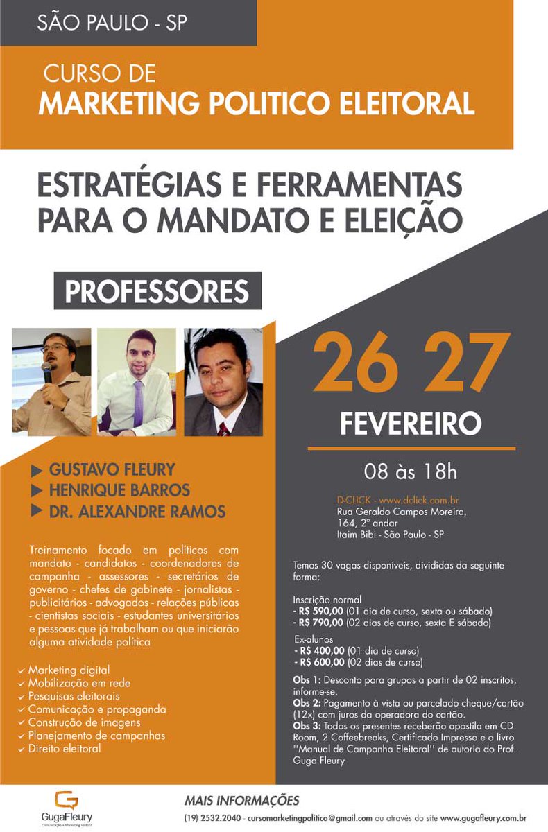 _gugafleury's tweet photo. Curso de Marketing Político Eleitoral em SP Capital, 26 e 27/02
> informações : https://t.co/VOb8jgL5ZU https://t.co/OyJprrU4Oo