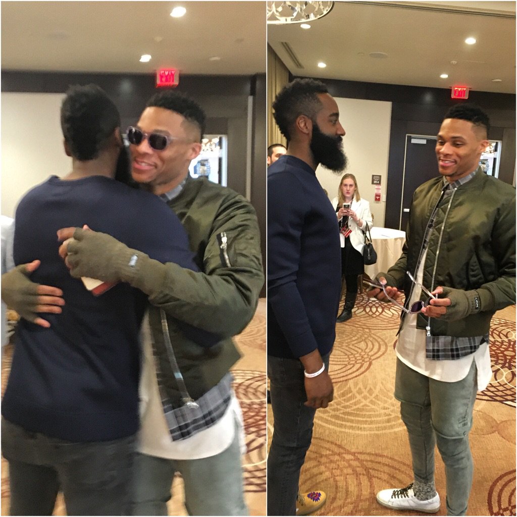 NBA's tweet photo. Former @okcthunder teammates @russwest44 &amp; @JHarden13 reunite as #TeamWEST @NBAAllStar teammates! #NBAAllStarTO https://t.co/3exUnbjus4