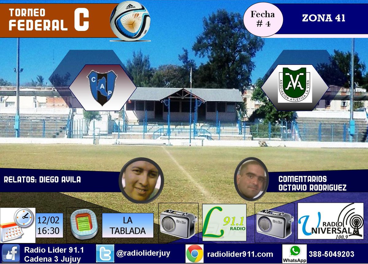 ProfeDiegoAvila's tweet photo. #FederalC #Zona41 @AtleticoPalpala - #ChañiLV por @radioliderjuy 16:30 hs.
rel: @ProfeDiegoAvila 
com: @Octaxeneize https://t.co/8nAR5Gy5kv