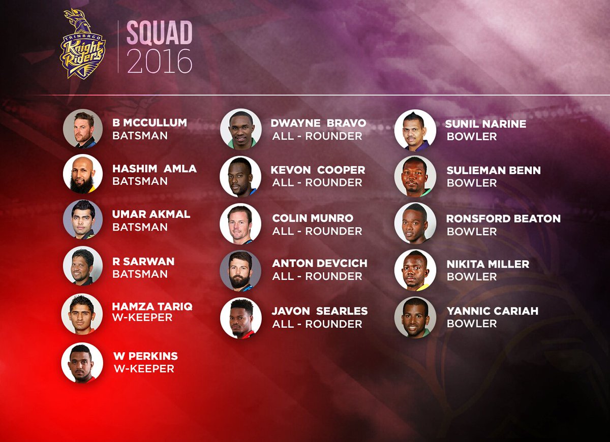 TKRiders's tweet photo. Check out our bomb squad!!! What a CHAMPION side to return with! #TrinbagoKnightRiders #TKR #CPL16 https://t.co/LWgqqBr8Rm