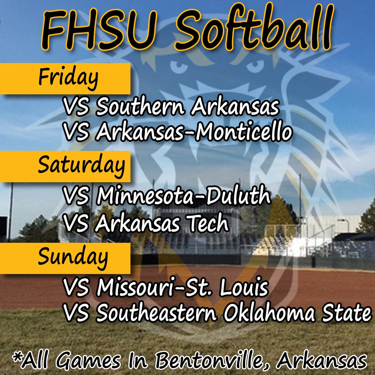 fhsuathletics's tweet photo. First game day of the year for #FHSUSoftball! Tigers play at 9am and 1pm! #RoarTigers https://t.co/Ry9CVB4yNE