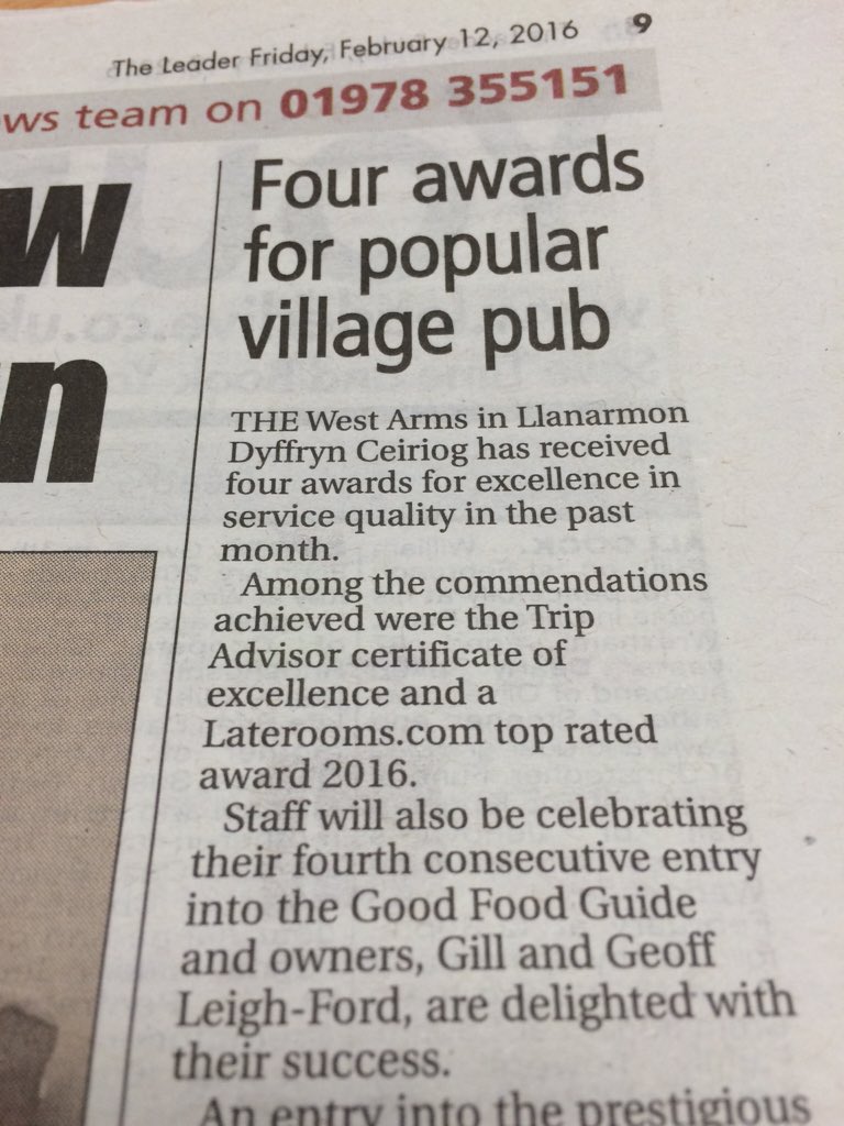 Congratulations <a href="/westarmshotel/">The West Arms Hotel</a> - four awards for excellence. Piece in today's <a href="/leaderlive/">LeaderLive</a>
