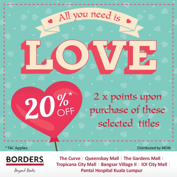 Borders_MY's tweet photo. Valentines is all about demonstrating romance to your partner!
20% OFF for selected romance titles at BORDERS! https://t.co/Bx3AEO1mfC