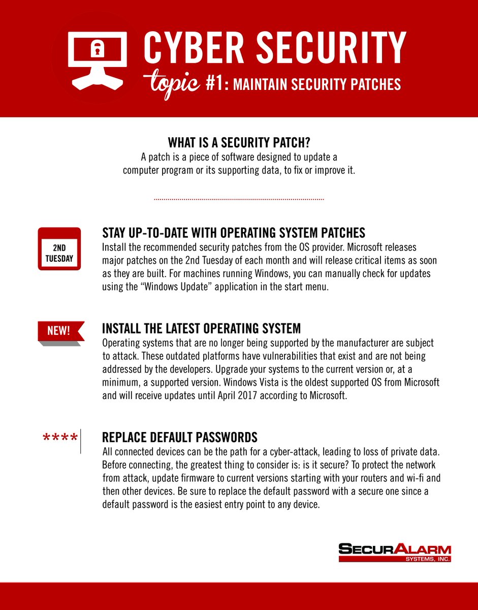 SecurAlarm's tweet image. How do you stay safe from #cyberattacks? Topic #1: Maintain #SecurityPatches #security