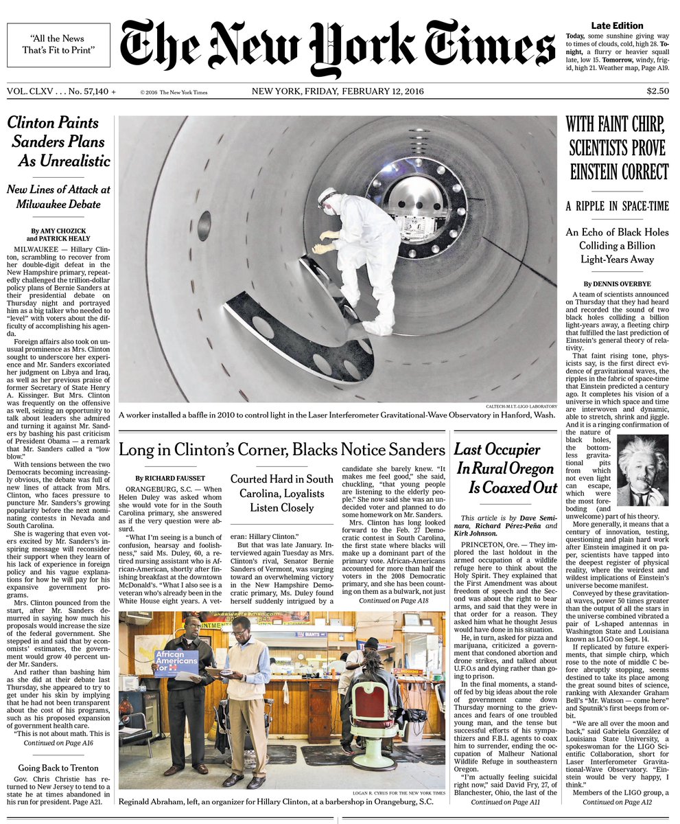 NYTScience's tweet photo. Gravitational waves, #LIGO and Einstein lead the front page of today's NYT https://t.co/mQjz4Pqbf5 https://t.co/sSZPrYH1xd