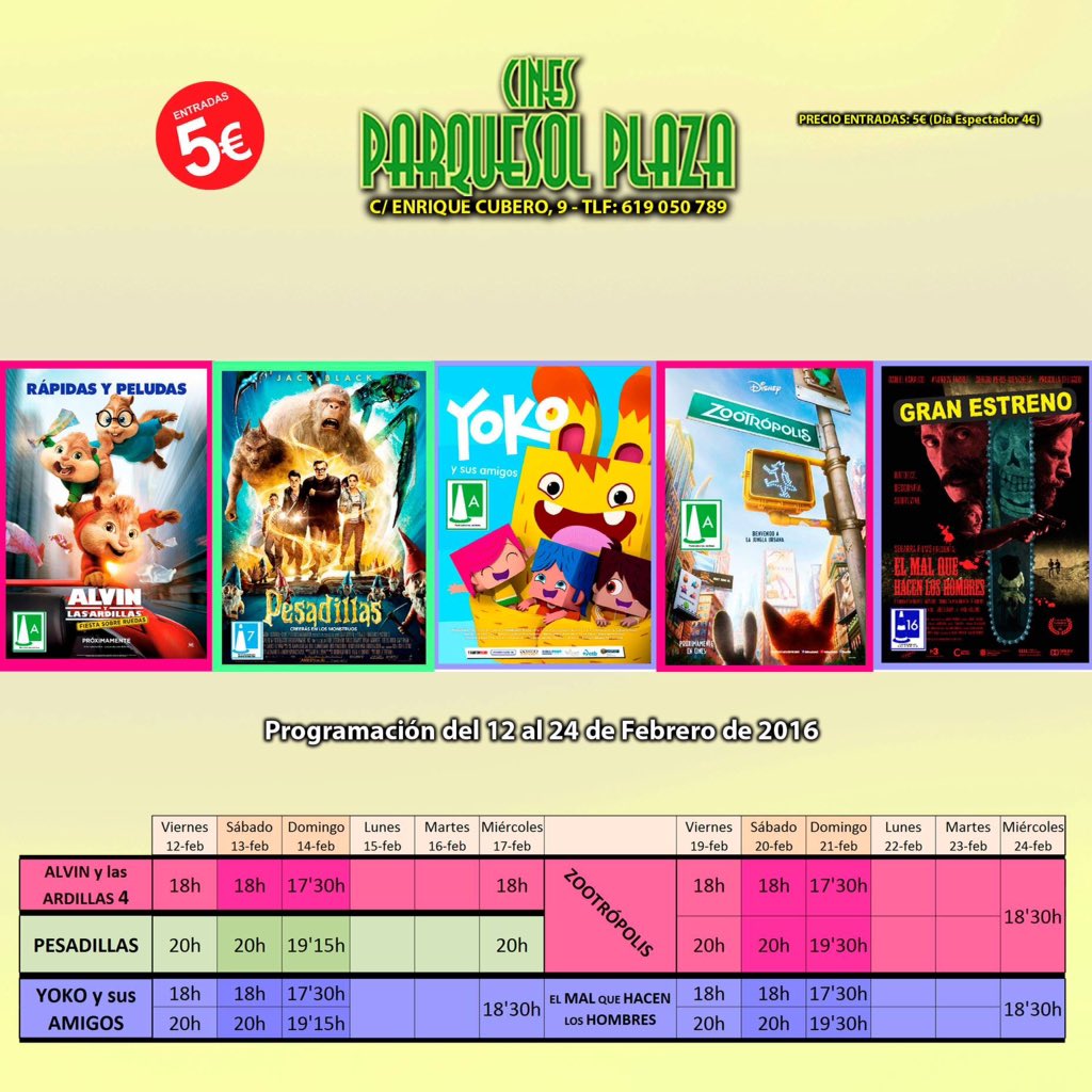 CinesParquesol's tweet photo. Este finde: #Alvin4, #Pesadillas, #Yoko y para el siguiente: #Zootropolis y #ElMalquehacenlosHombres. Solo 5€ https://t.co/1TwjyEbvUD