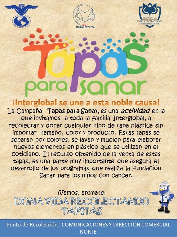Intergloballtda's tweet photo. Porque en Interglobal también nos unimos a la donación de tapitas plásticas para los niños con cáncer ¡Anímate! https://t.co/jgoOvHZvdv