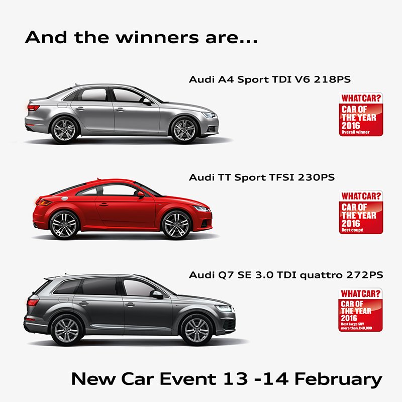 northeastaudi's tweet photo. Join us this weekend for our New Car Event as we celebrate the winners of @whatcar Car’s of the year! https://t.co/igWnNCjMmz