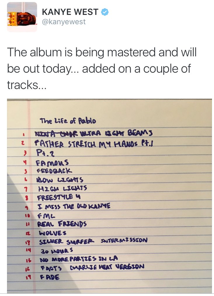 ShadyMusicFactz's tweet photo. 'The Life of Paplo' by Kanye West is reported to be released today. https://t.co/XyBAHhsV7l