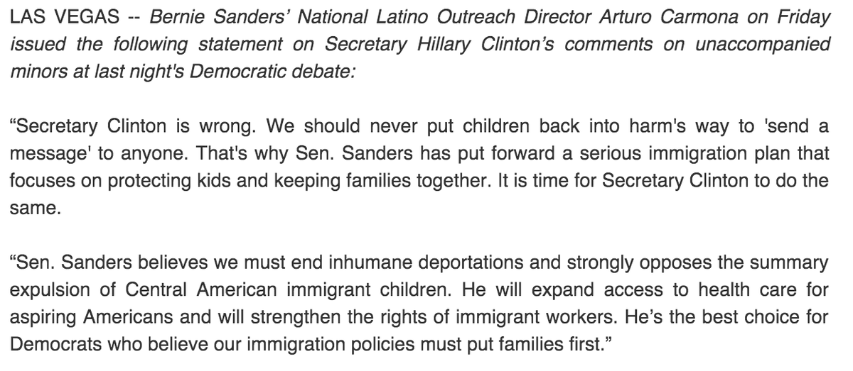 BernieSanders's tweet photo. Sanders Campaign Statement on Clinton’s Immigration Comments https://t.co/QG9cssCcKH