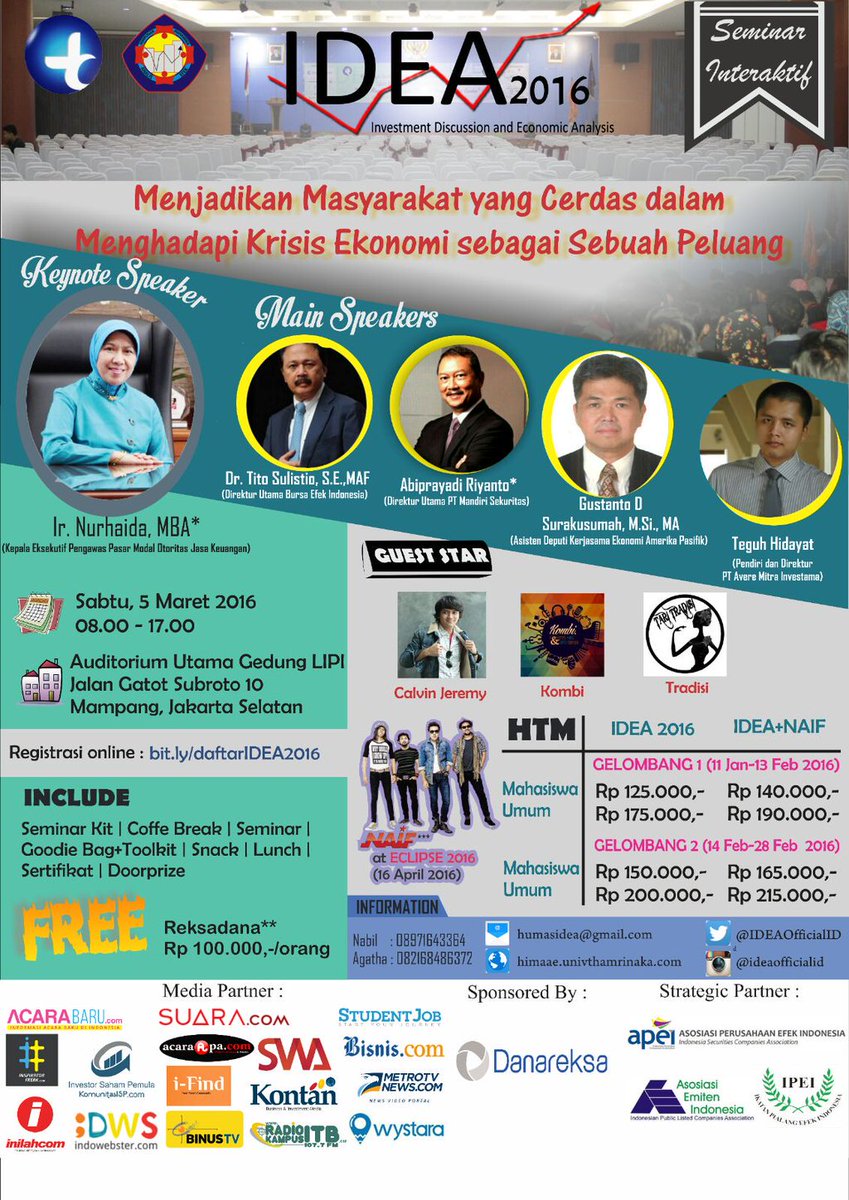 IDEAOfficialID's tweet photo. Min @KSPMFEUNLAM Bantu RT seminar interaktif "Investment Discussion and Economic Analysis 2016" FREE REKSADANA! https://t.co/AZuncYoLLN