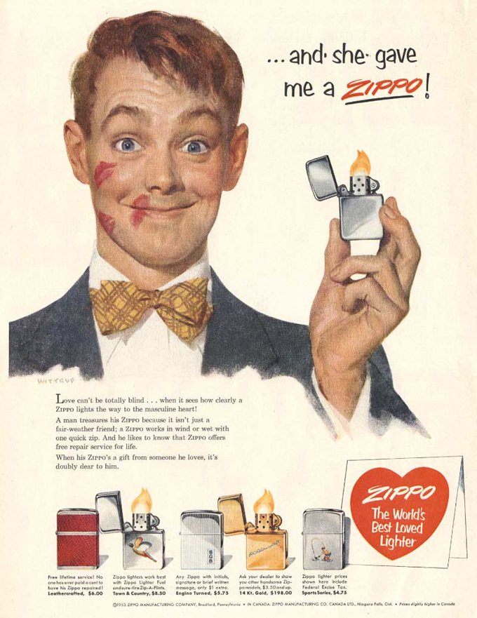 Zippo's tweet photo. “…and she gave me a Zippo!”
#FlashbackFriday to 1953 #Zippo ad https://t.co/JvEwT2HGbj