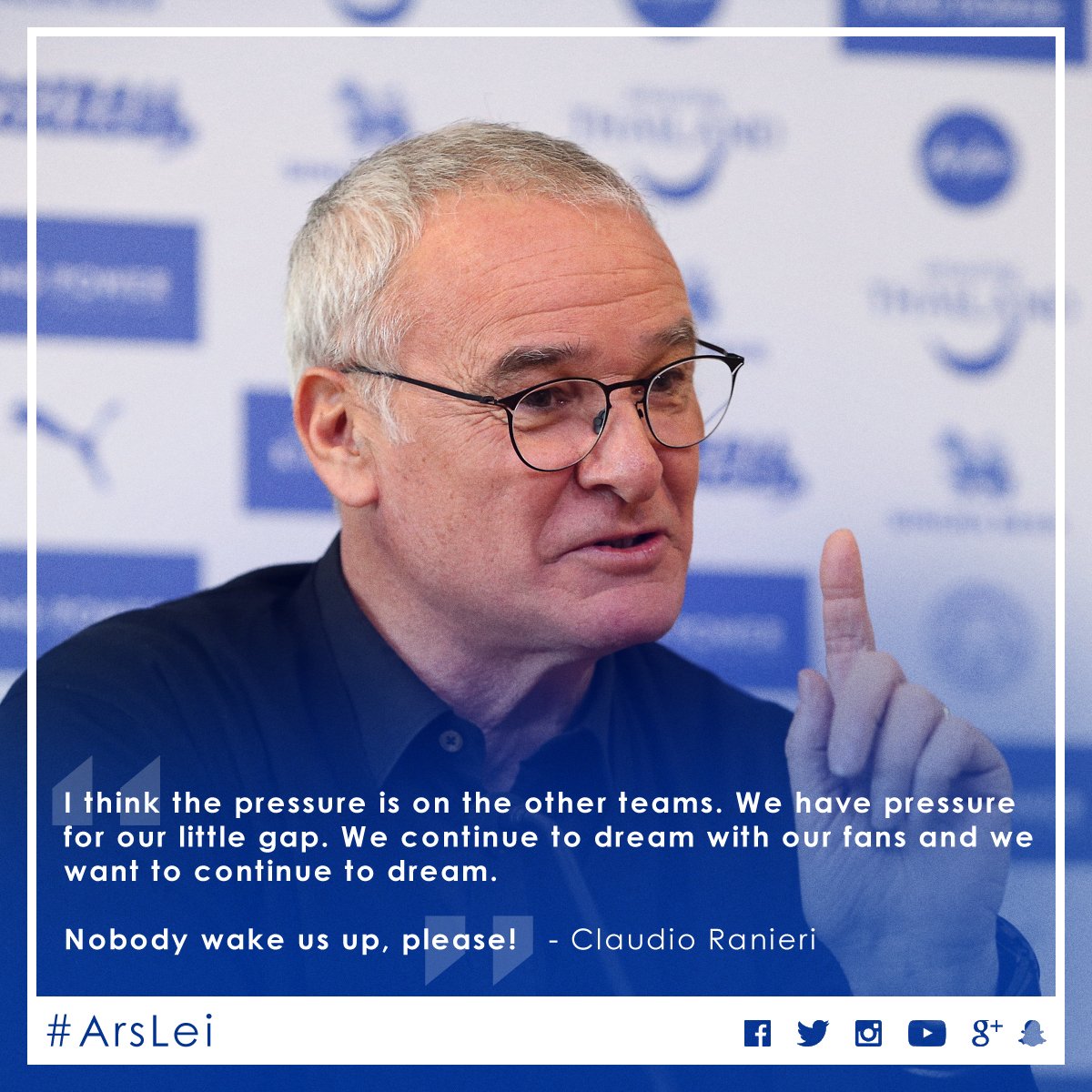 LCFC's tweet image. &quot;No pressure, just enjoy.&quot;

Claudio Ranieri speaks ahead of #lcfc&apos;s trip to Arsenal: leic.it/1mx26q0 #ArsLei