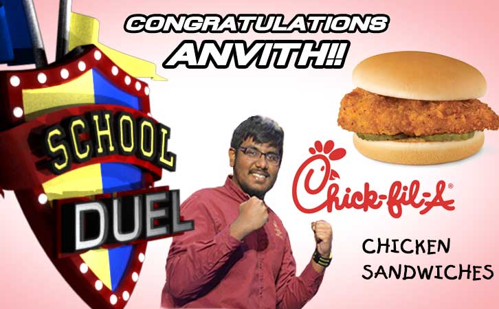 SchoolDuel's tweet photo. Congrats to Anvith for winning the #SchoolDuel Chick-fil-A challenge!  He won chicken sandwiches for an entire year! https://t.co/S5uvwI4Obv