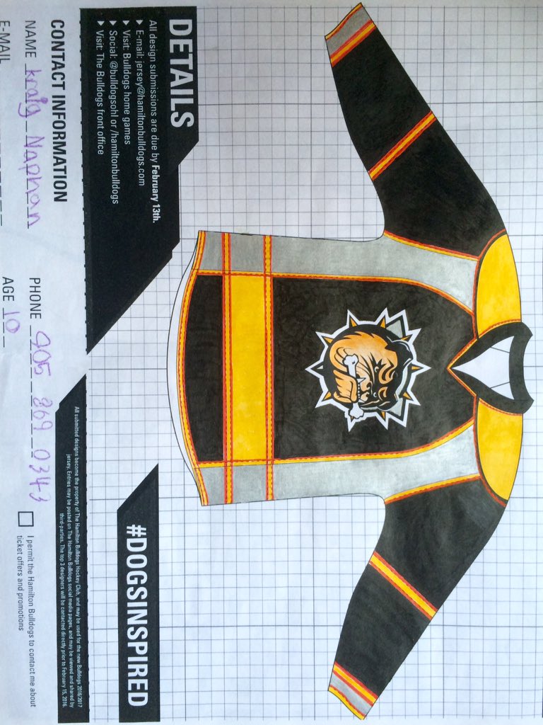 HamiltonProud's tweet photo. Kraig's took him 2 weeks to decide on colours! Black, yellow and steal! &amp; Red piping. #DogsInspired @BulldogsOHL https://t.co/WnquNvfPbd
