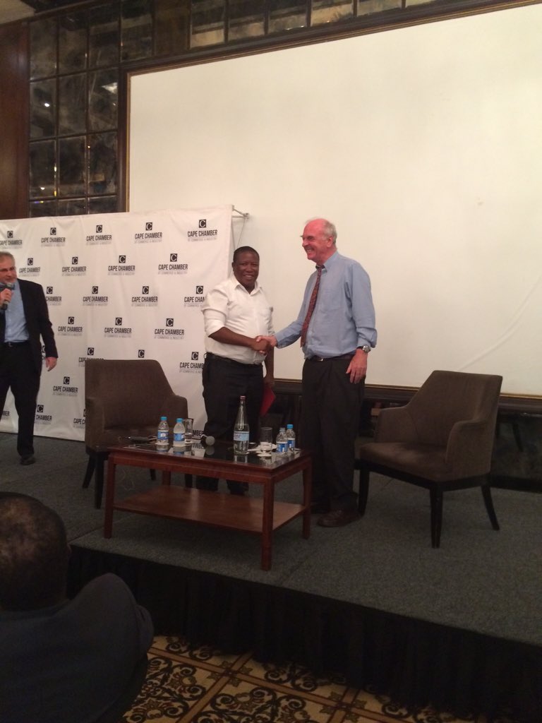 CIC <a href="/Julius_S_Malema/">Julius Sello Malema</a> and Mr. Clem Sunter conclude a robust debate with a hand shake