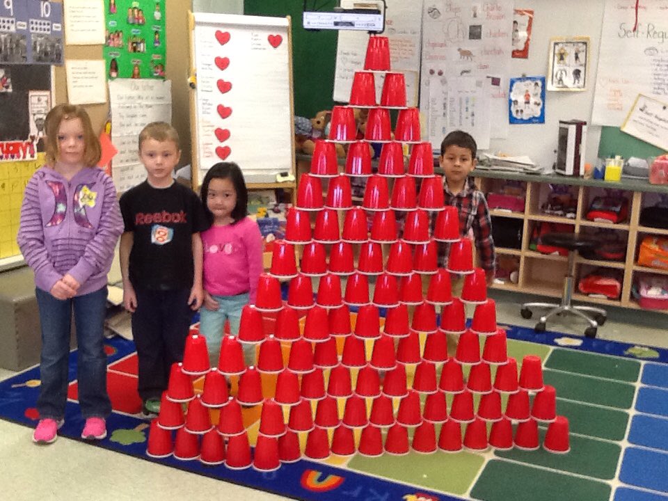 KimKkearney's tweet photo. Building with 100 cups on the 100th day of Kindergarten @stpetersaints https://t.co/rrxk9kZUOb