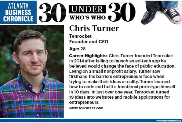ATLTechVillage's tweet image. Another awesome Villager Chris Turner CEO of @tenrocket made the @AtlBizChron #30under30. Congrats!