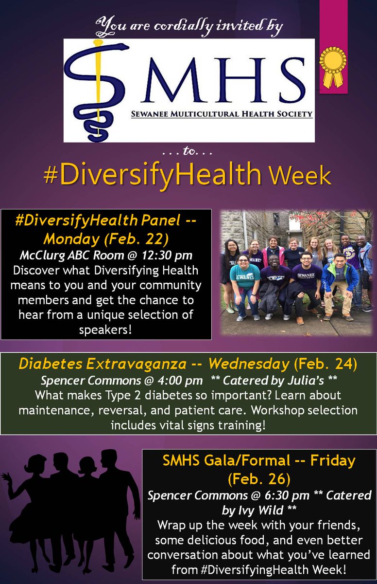 SewaneeMHS's tweet photo. Get pumped Sewanee's first #DiversifyingHealth Week is just around the corner. Check out the flyer for more info https://t.co/5Qyxo2G3QW