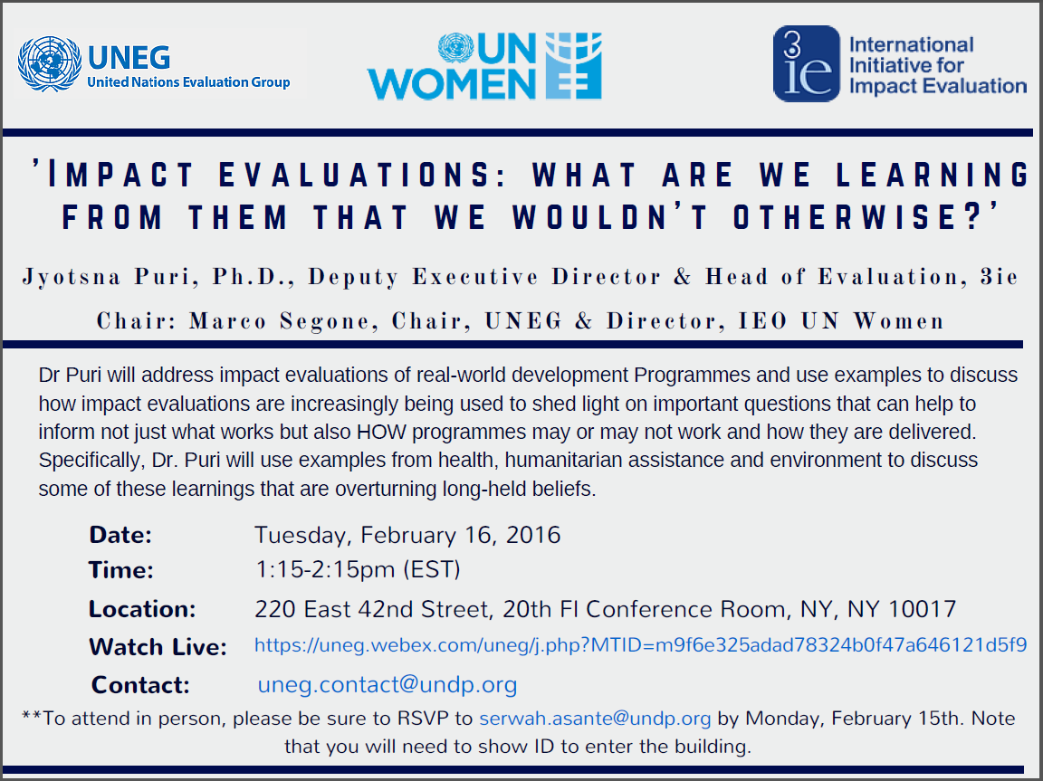 Join us on Tues Feb 16 @ 1:15pm EST as <a href="/Jo_Puri/">Dr. Jo Puri</a> discusses Impact Evaluations. Watch live @ bit.ly/1oxoQb8