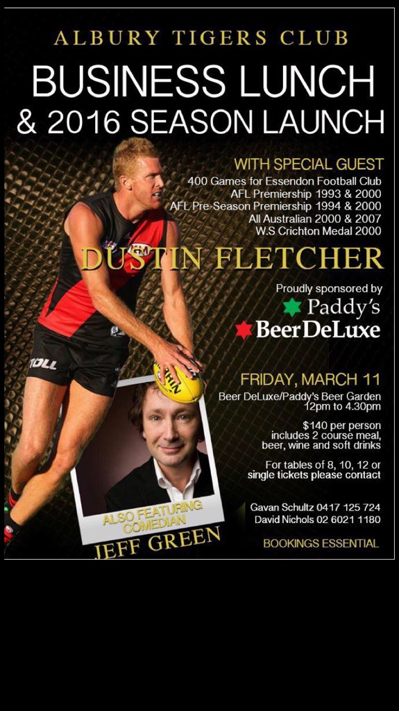 Our 2016 will kick off with this legend! #fletch  <a href="/AlburyTigersFNC/">Albury Tigers</a> .