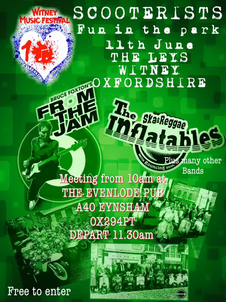 <a href="/madmodsc/">MM&E Scooter Club</a> Please RT FREE <a href="/WitneyMusicFest/">WitneyMusicFestival</a> Sat 11th June 2016 ft <a href="/FromtheJam1/">From the Jam (Foxton & Hastings)</a> @OxfordSka Oxford - @theBHF <a href="/MacBucksOx/">Macmillan Bucks & Ox</a>