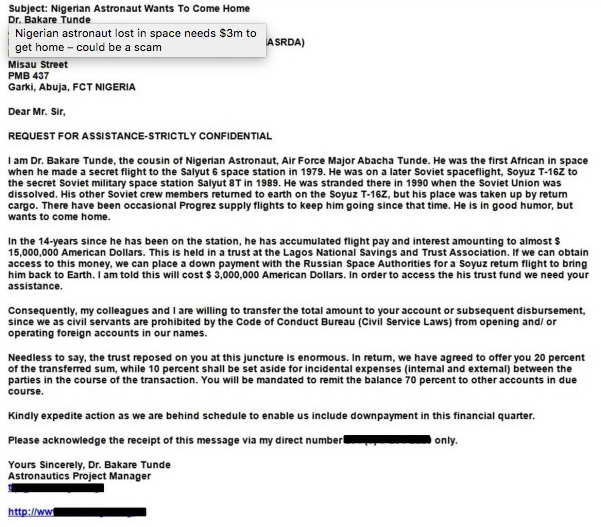 africafeed's tweet image. LOL! A #Nigerian lost in space. A modern twist on a the #FourOneNine email via @EmekaOkoye via @TheNextWeb