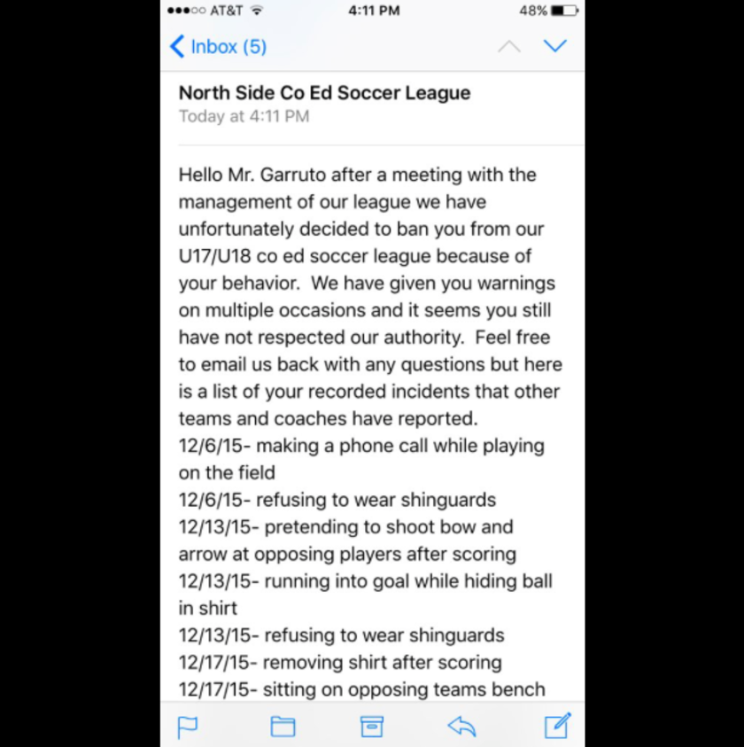 SportBlogNYC's tweet photo. This teenager was banned from his soccer league for laugh out load reasons https://t.co/2dLRnCilJt