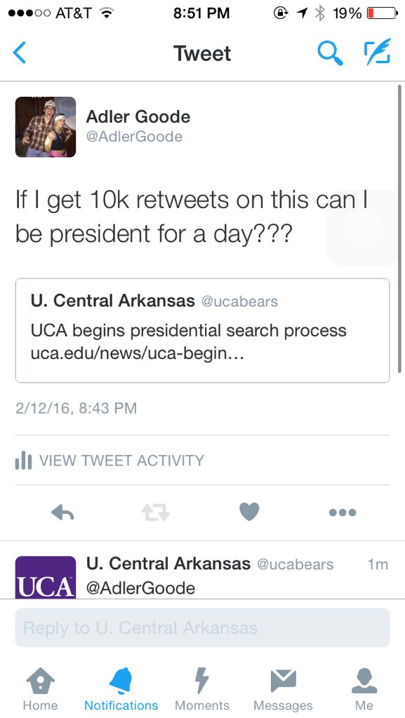 AdlerGoode's tweet photo. @ucabears SAID I CAN BE PRESIDENT FOR A DAY IF I CAN GET 50k RTS!!!!! PLEASE HELP https://t.co/rVue1TmeBY