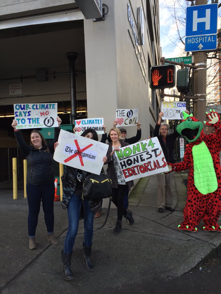 OLCV's tweet photo. Hey @Oregonian Ed Board: we want fair climate coverage! #climateaction #friendlydinosaur https://t.co/pKggZa5sdk