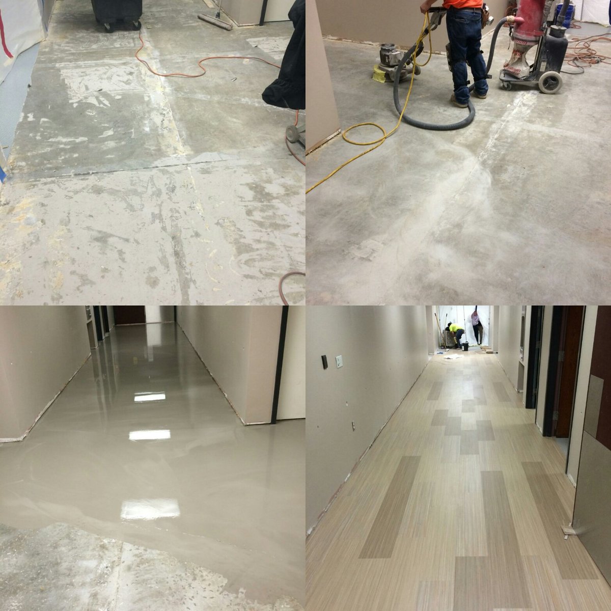 CraigH_CMPSP's tweet photo. Demo of felt back S.V., light grind, prime and pour of CMP LiquiCem SLU in lieu of patching for Forbo plank. Nice! https://t.co/D5ymsd2cpD