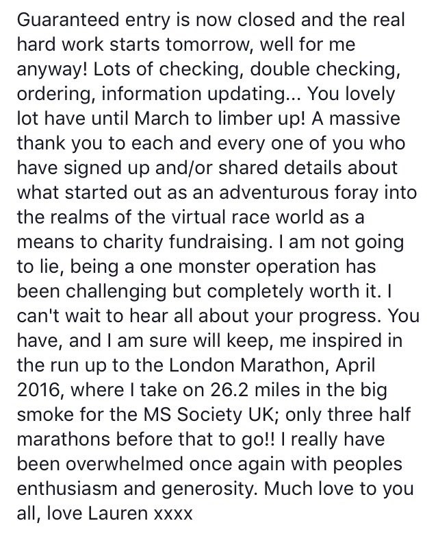Guaranteed entry closed! My personal thanks to all you monsters out there 😘#MonsterMarch #MSmonsterRun #RaceToBeatMS