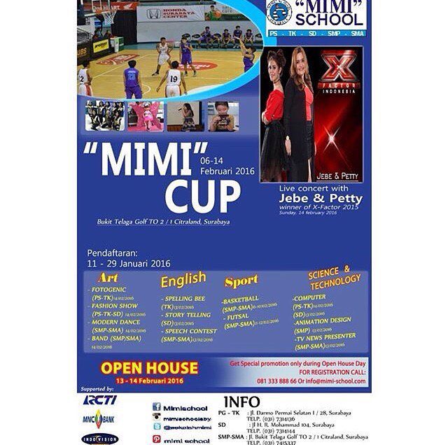Schedule for tomorrow at MIMI CUP
live concert with <a href="/JEPEofficial/">JeBe & Petty</a>,
Ayokk jepeeps suroboyo merapat 
Don't miss it
